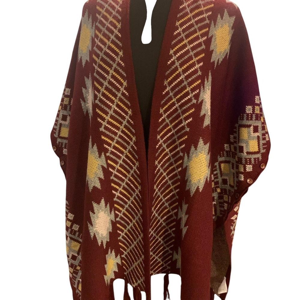 Miss Me Burgundy and Gold Geometric Wrap/Shawl/Cape - Picture 11 of 11